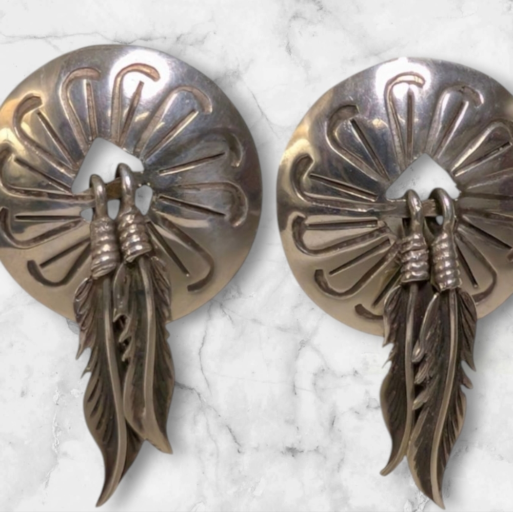TRUE VINTAGE Concho Earrings Feather Native American Novajo Sterling Silver